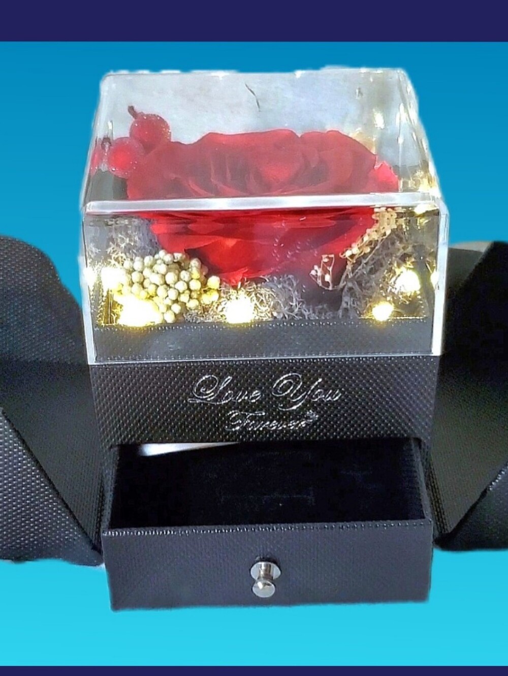 Romantic Red Preserved Rose Jewelry Box with LED Lights - Picture 7 of 10